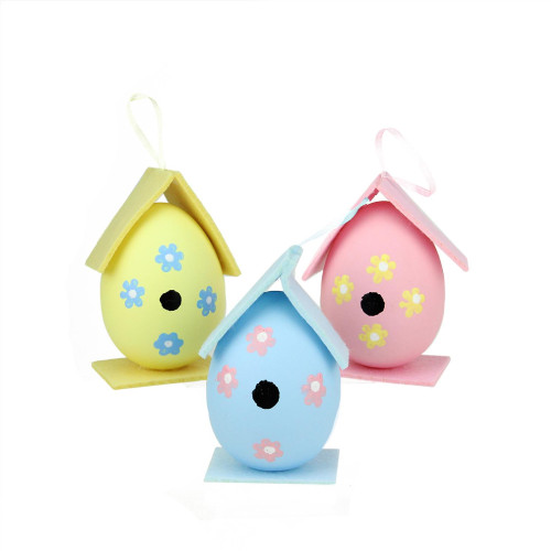 Set of 3 Pink, Yellow and Blue Painted Design Spring Easter Egg Birdhouse Ornaments 4.25"