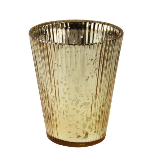 Set of 4 Gold and Silver Ribbed Mercury Glass Decorative Votive Candle Holders 4.25"