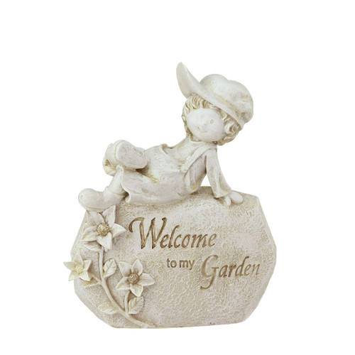 7.5" Boy Sitting on Rock 'Welcome to My Garden' Outdoor Patio Garden Statue