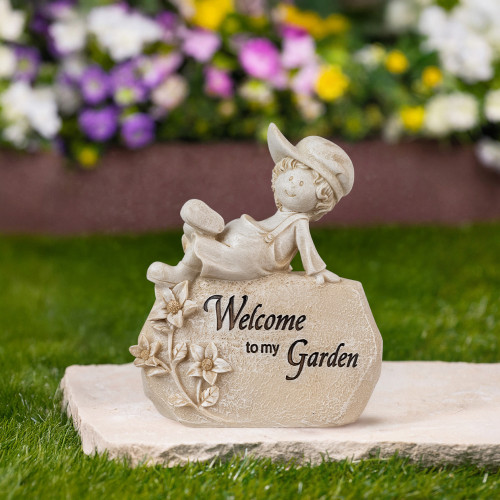 Boy Sitting on Rock Welcome to My Garden Patio Garden Plaque - 7.25"