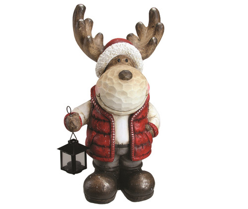 17" Whimsical Reindeer in Red Vest and Hat with Candle Lantern Christmas Table Top Decoration