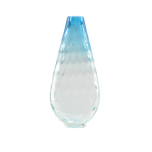 14" Teardrop Shaped Azure Blue Ombre Textured Hand Blown Glass Vase
