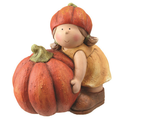 11.5" Fall Harvest Girl in Tan Dress with Artificial Orange Pumpkin Table Top Decoration