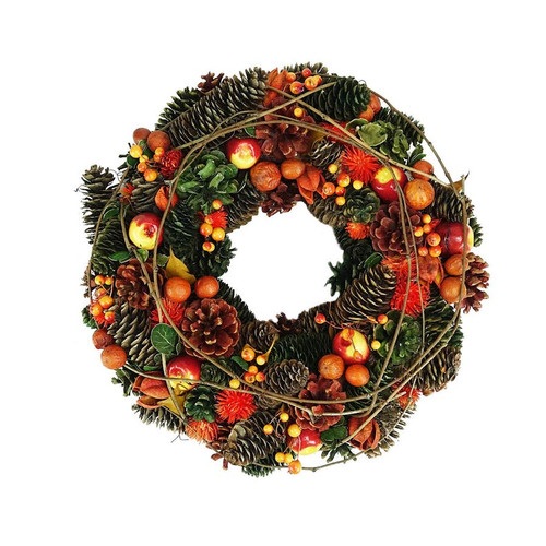 14.75" Autumn Harvest Apples, Berries and Pine Cones Thanksgiving Wreath - Unlit
