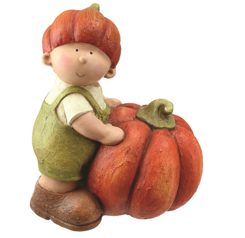 11.75" Boy Holding Artificial Orange Pumpkin Thanksgiving Table Top Decoration