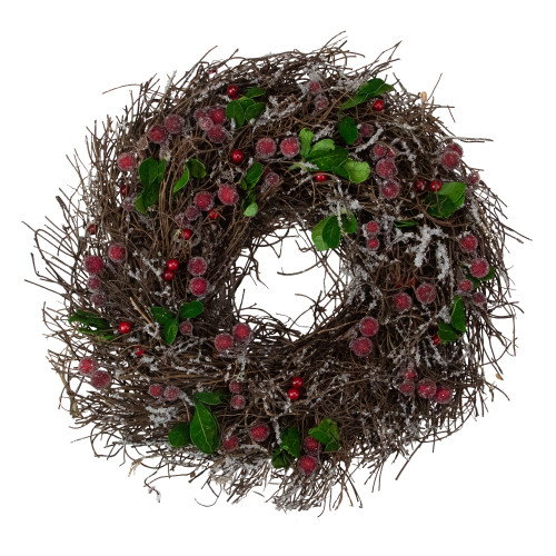 Frosted Brown Twig with Leaves and Berries Artificial Christmas Wreath - 13-Inch, Unlit