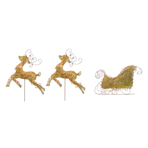 3-Piece Gold Lighted 3-D Glitter Reindeer and Sleigh Christmas Yard Art Decor Set 48"