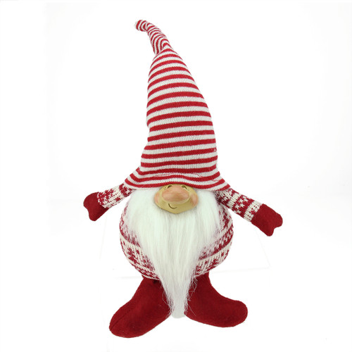 12.5" Bearded Red and White Chubby Smiling Gnome w/ Stripe Hat Plush Table Top Christmas Figure
