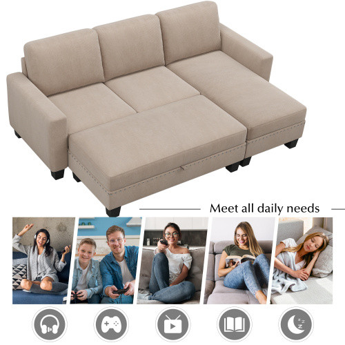 Reversible Sectional Couch with Storage Chaise L-Shaped Sofa for Apartment Sectional Set ,Sectional Sofa with Ottoman,Nailhead Textured Linen Fabric 3 pieces Sofa Set,Warm Gray