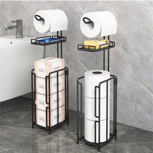 Two stood -standing sanitary paper bracket brackets, toilet paper rolls with shelves, and reserve for bathroom storage, mobile phones, giant rolls, black