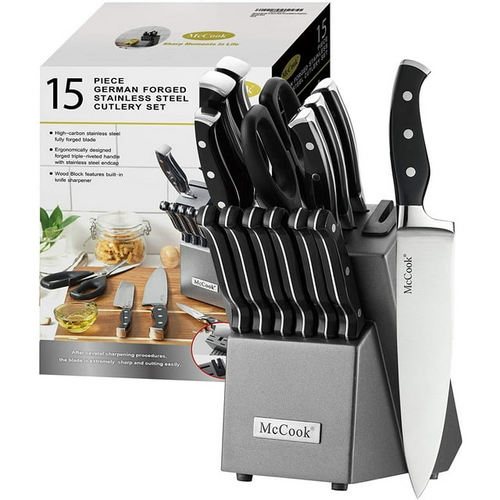 McCook MC25A 15-Piece Kitchen Knife Set Stainless Steel Forged Triple Rivet Cutlery Knife Block Set with Built-in Sharpener,Chef Knife,Steak Knife