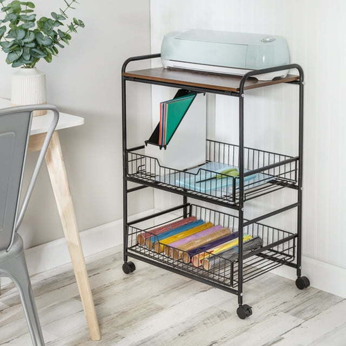 3-Tier Rolling Kitchen Storage Cart with Wood Shelf and Pull-Out Baskets, Black/Walnut