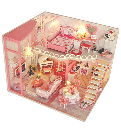 Dollhouse Miniatures Kit with Furniture LED Lights Dust Proof Miniature Wooden Model Mini House Building Toys Gifts for Girls Friends Women Wife Daughter