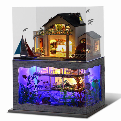 DIY Miniature Dollhouse Kit Impression Hawaii with Furniture Dust Proof Wooden Dollhouse Gift