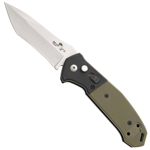 Bear OPS Mini Bold Action V Tanto Auto Stainless Steel 3.75" Knife Black/Green G-10 extended with Gray Blade Finish