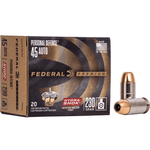 Federal Premium Personal Defense 45 ACP 230 gr Hydra-Shok Jacketed Hollow Point Handgun Defense Ammo-029465085414-P45HS1