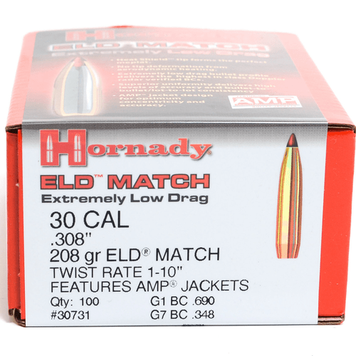 Hornady ELD Match 30 Caliber (.308 Diameter) 208 Grain Bullets Boat Tail 100 Count Box