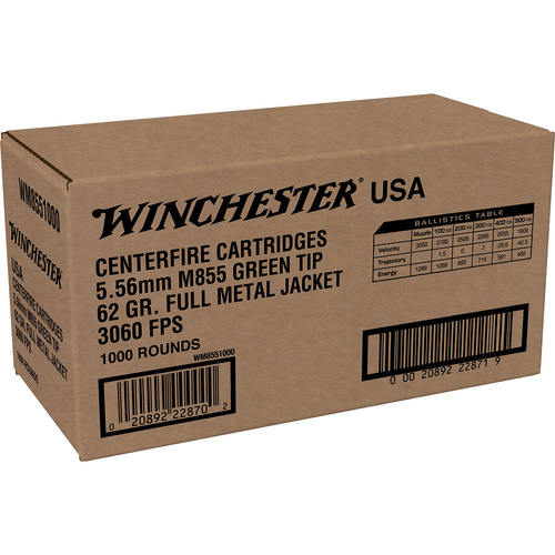 Winchester 5.56x45mm NATO M855 Green Tip 62gr FMJ 1000rd Bulk Ammo