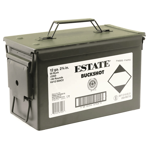 Estate 12 GA Ammo 2-3/4" 00 Buckshot 9 Pellet 100 Rounds in Ammo Can