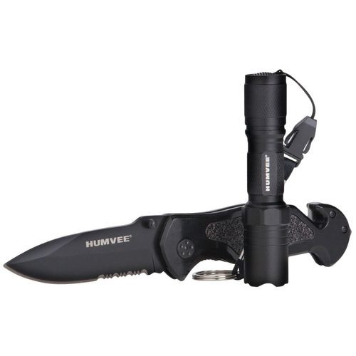 Humvee Adventure Gear HMVKCER1 Rescue Knife/Flashlight Combo 3.25" Folding Spear Point Part Serrated Stainless Steel Blade Black Aluminum Handle