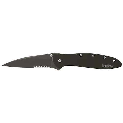 Kershaw 1660CKTST Leek  3" Drop Point Part Serrated DLC Black 14C28N Sandvik Stainless Steel DLC Black 410 Stainless Handle Folding