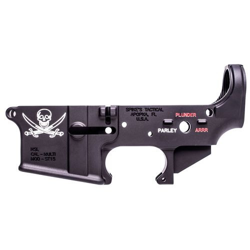 Spikes STLS016CFA Calico Jack Stripped Lower Receiver Multi-Caliber 7075-T6 Aluminum Black Anodized with Color Fill for AR-15