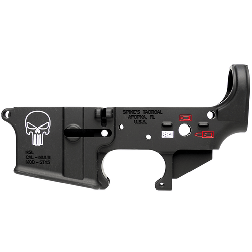 Spikes STLS015CFA Punisher Stripped Lower Receiver Multi-Caliber 7075-T6 Aluminum Black Anodized with Color Fill for AR-15