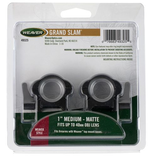Weaver Mounts 49325 Scope Ring Set Lever Lok Medium 1" Matte Black Steel