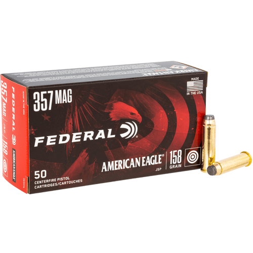 Federal American Eagle Handgun 357 Mag 158 grain, 50 Per Box, Box/Ammo View