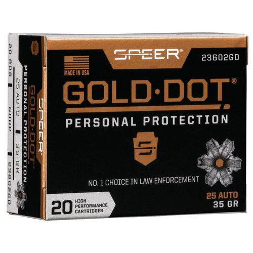 Speer Ammo 23602GD Gold Dot Personal Protection 25 ACP 35 gr Hollow Point (HP) 20 Bx/ 10 Cs