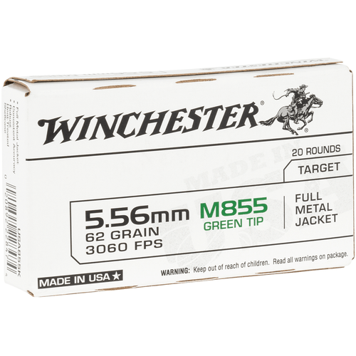 Winchester Ammo WM855K USA Green Tip 5.56x45mm NATO 62 gr Full Metal Jacket (FMJ) 20 Bx/50 Cs