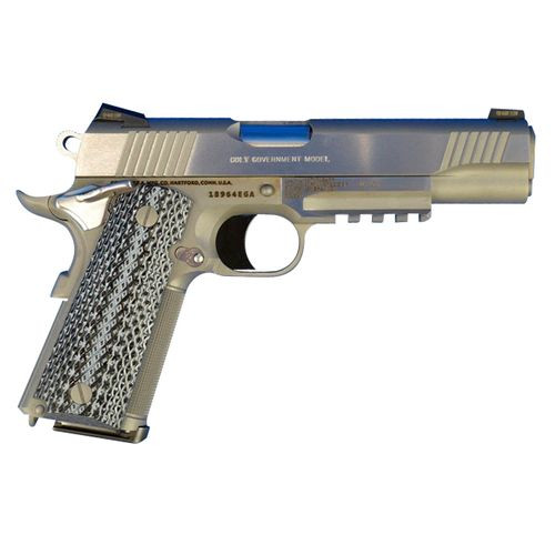 Colt Mfg O1070RGZ 1911 Government with Rail 45 ACP 5" 7+1 Stainless Steel Frame & Slide Double Diamond Checkered Wood Grip