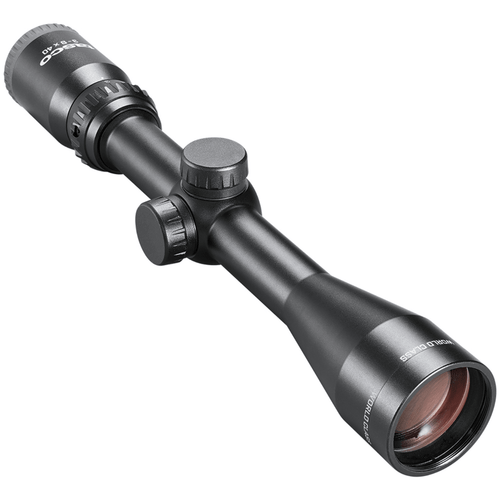 Tasco World Class 3-9x40mm Matte Black Rifle Scope, Right Side Front View.