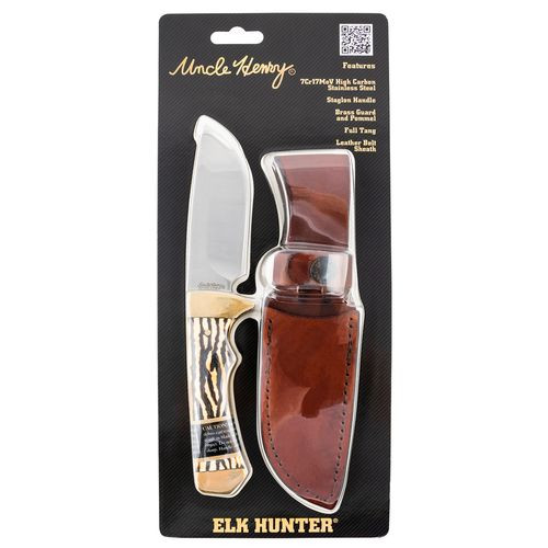 Uncle Henry 182UHCP Elk Hunter Full Tang 3.83" Fixed Drop Point Plain 7Cr17MoV High Carbon SS Blade Staglon With Brass Guard Handle