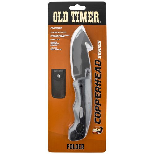 Old Timer 2148OTCP Old Timer Copperhead 3.42" Folding Gut Hook Plain 7Cr17MoV High Carbon SS Blade Black Rubber Snakeskin Handle
