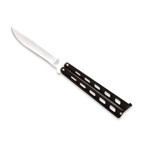 BEAR & SON BUTTERFLY KNIFE WITH BLACK CAST METAL HANDLES AND STAINLESS STEEL 4.25" CLIP POINT PLAIN EDGE BLADE MODEL 114B