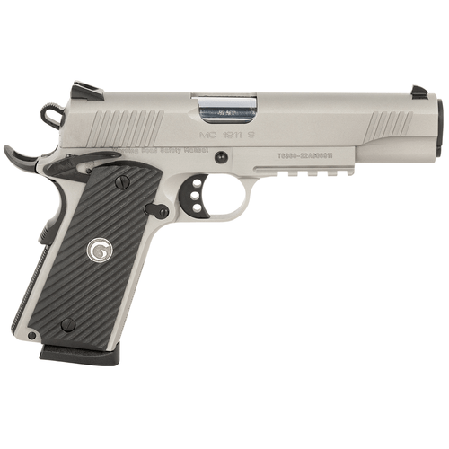 EAA GIRSAN 390056 MC1911S Government Full Size 45 ACP 8+1 5" Stainless Steel Barrel, Matte Stainless Serrated Slide, Stainless w/Black Controls Steel Frame w/Accessory Rail & Beavertail, Black Textured Polymer Grips, Ambidextrous