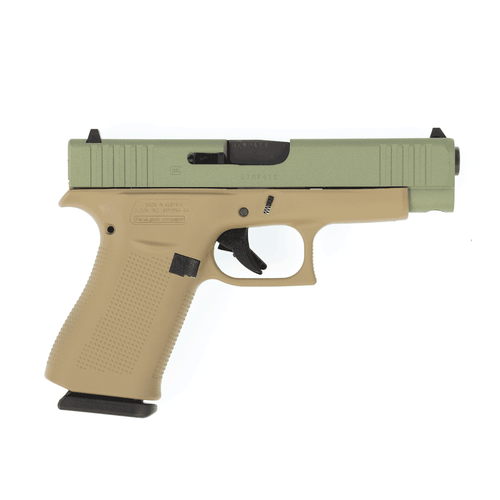 Glock PA4850204CTAG G48 Compact Slim 9mm Luger 10+1 4.17" Black GMB Barrel, Agoge Green Serrated Slide, Coyote Tan Cerakote Polymer Frame w/Beavertail, Coyote Tan Polymer Grip, Right Side