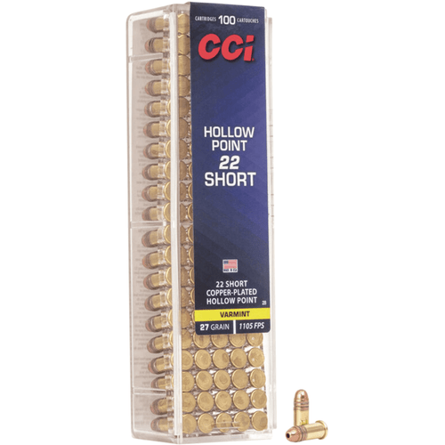 CCI VNT Rimfire 22 Short Copper Plated Hollow Point 27 grain, 100 Per Box, Package/Ammo View