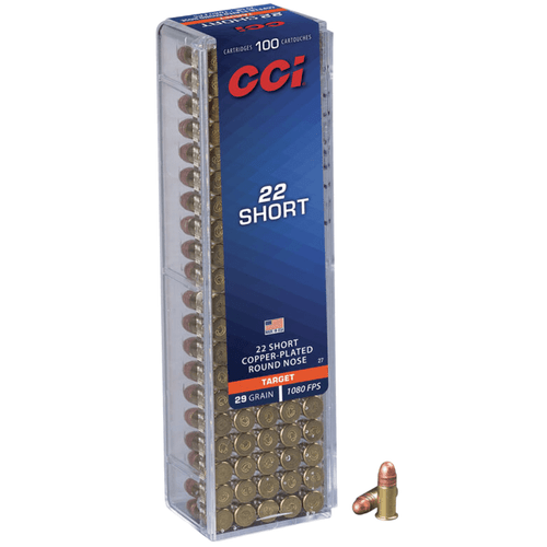 CCI Target Rimfire 22 Short Copper Plated Round Nose 29 grain, 100 Per Box, Package/Ammo View