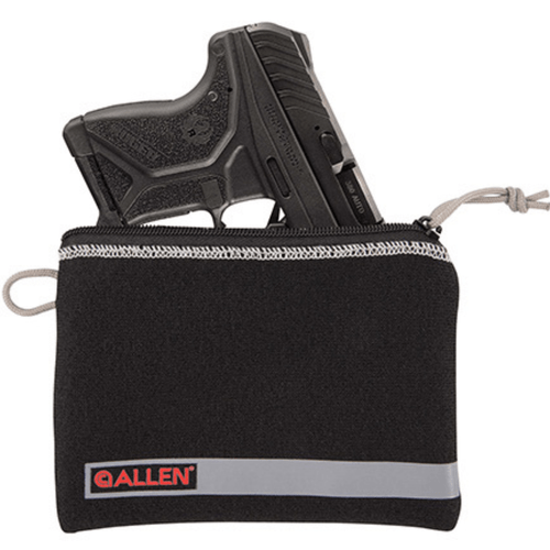 Allen 3626 Pistol Pouch Black Polyester w/Lockable Zippers, ID Label & Fleece Lining Holds Compact Size Handgun 5" L x 7" W Interior Dimensions, pistol and pouch view