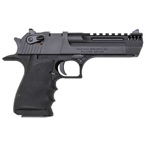 Magnum Research DE50L5IMB Desert Eagle L5 50 AE 7+1, 5" Black Steel w/Integral Muzzle Brake & Picatinny Rail Barrel, Black Serrated Carbon Steel Slide, Black Anodized Aluminum Frame w/Beavertail, Black Hogue Finger Groove Grip, Ambidextrous Safety