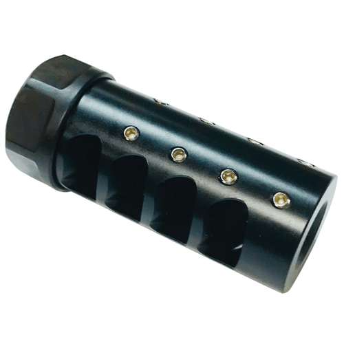 American Precision Arms G3L5838N Gen 3 Little Bastard Self Timing Brake Black Nitride Stainless Steel with 5/8"-24 tpi Threads, 2.55" OAL & 1" Diameter for 338 Cal Rifle, Left Side View