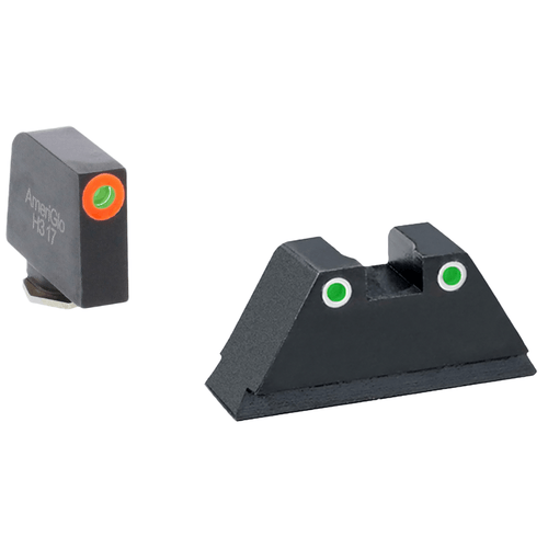 AmeriGlo GL331 Optic Compatible Sight Set for Glock Black | XL Tall Green Tritium with Orange Outline Front Sight XL Tall Green Tritium with White Outline Rear Sight, Front View