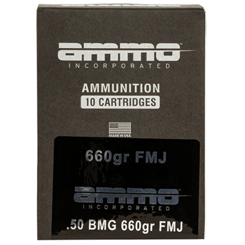 Ammo Inc 50BMG660FMJA10 Incorporated 50 BMG 660 gr Full Metal Jacket 10 Per Box/ 5 Case, Box Front View