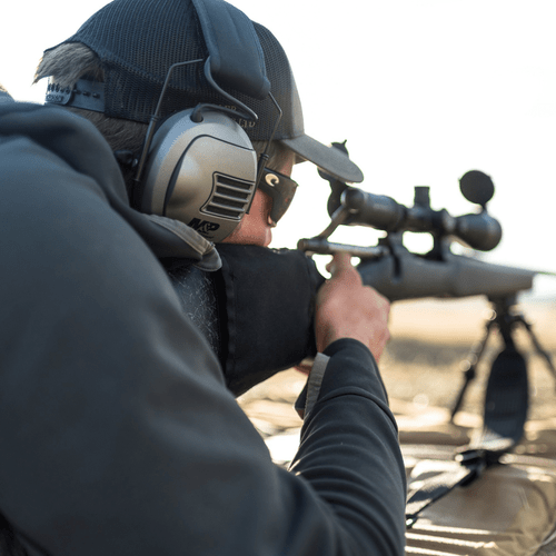 M&P Accessories 110041 Alpha Electronic Muff Polymer 23 dB Over the Head Gray/Black Adult 1 Pair, Product Use View