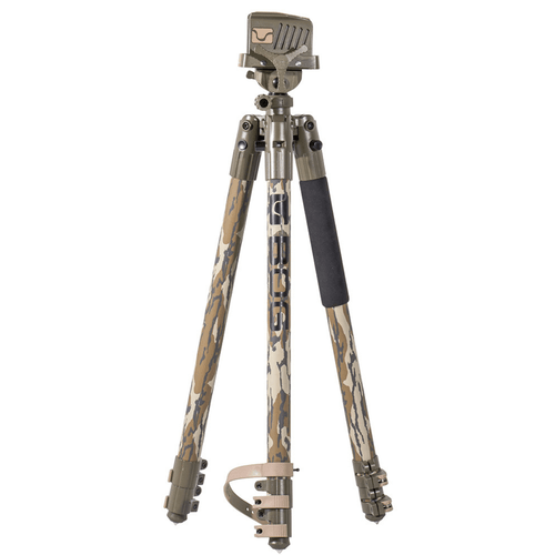 Bog-Pod Camo DeathGrip Fieldpod Tripod with Mossy Oak Bottomland, Aluminum Finish, Steel Feet, 360 Degree Pan, Integrated Bubble Level & Lever-Leg Locks - 1164398, Front View