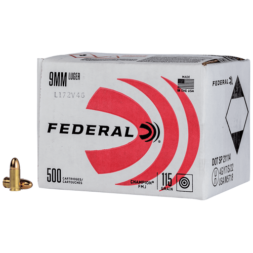 Federal Champion 9mm 115 gr FMJ 500 Round Bulk Pack SKU: C9115A500 UPC: 604544679083