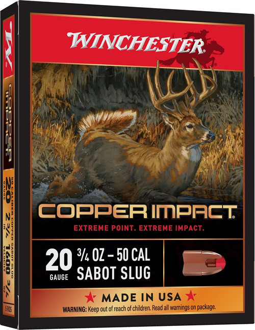 Winchester Ammo Copper Impact 20 Gauge 2.75" 3/4 oz Sabot Slug Shot - X20CLF Winchester Ammo Copper Impact 20 Gauge 2.75" 3/4 oz Sabot Slug Shot - X20CLF