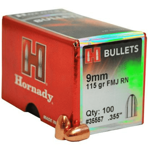 Hornady 9mm Caliber .355" Diameter 115 Grain FMJ Round Nose Bullet 100 Count